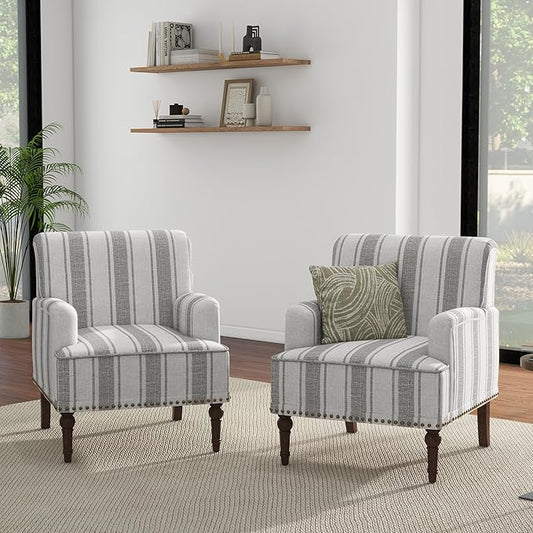 UIXE Stripe Accent Chairs Set of 2, Living Room Arm Chair Modern Nailhead Trim Club Armchair, Comfy Upholstered Sofa Lounge Seat Reading Seat Bedroom Side Seating for Home Office, Gray