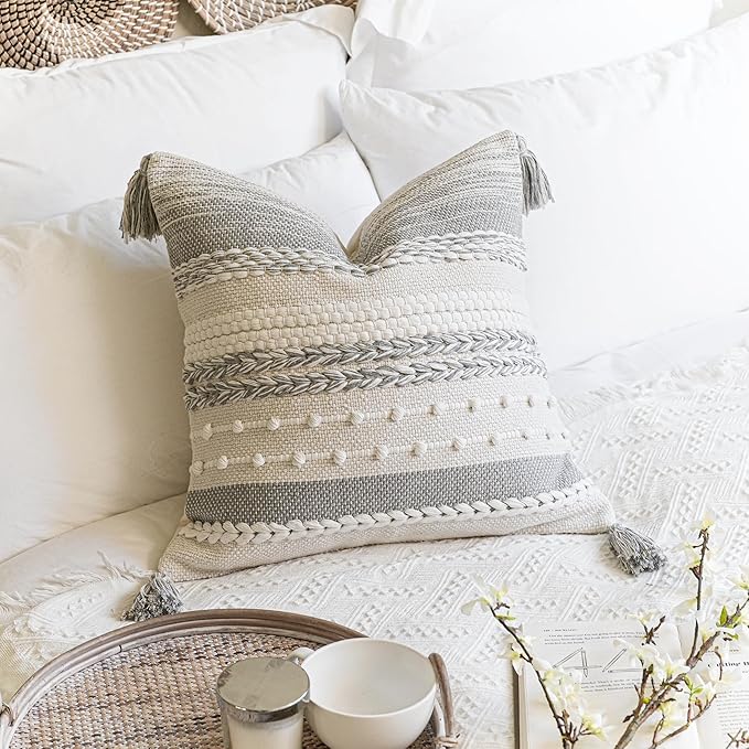 BlissBlush Gray Boho Decorative Throw Pillow Cover 20x20 Square Farmhouse Accent Cushion for Couch Sofa Livingroom Bedroom Pillowcase Modern Home Décor (Pack of 1)