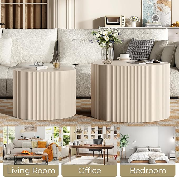 Round Coffee Table Set of 2, Modern Wooden Beige Nesting Coffee Tables for Living Room, No Assembly Required Circle Side Tables Set Accent End Table for Bedroom, Balcony