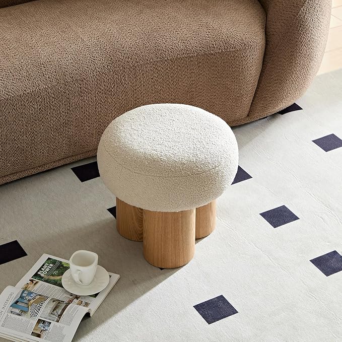 Small Round Foot Stool, Teddy Fabric Ottoman with Non-Skid Legs, Modern Footrest for Under Desk, Sofa Couch, Shoe Changing Bench for Entryway, Living Room, Bedroom, Office (Beige)