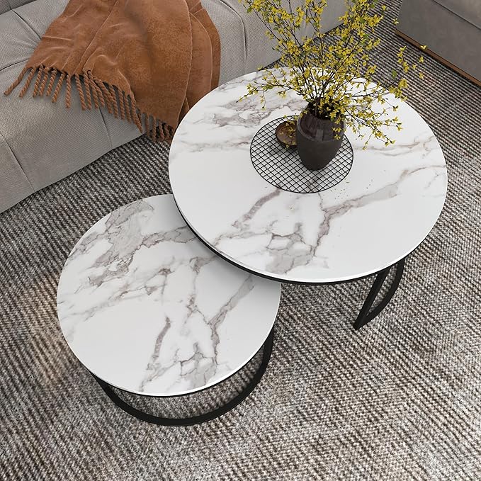 Nesting Coffee Table Set of 2, 31.5" Round Coffee Table Wooden Marble Pattern Accent Furniture, Industrial End Table for Living Room Bedroom Balcony (White/Black)