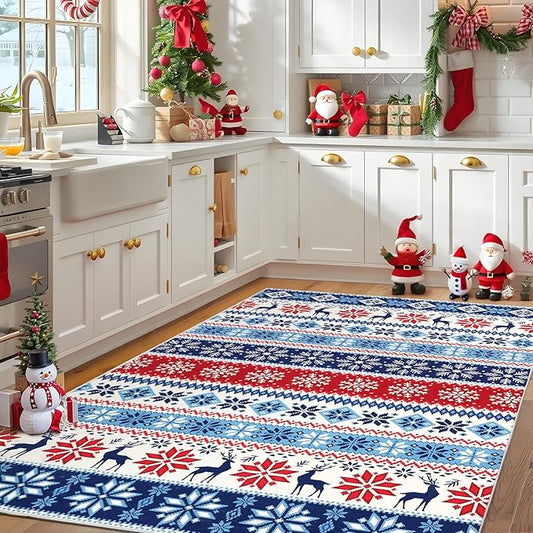Christmas Area Rug 3x5 for Bedroom Living Room Non Slip Xmas Boho Dining Room Throw Carpet Festival Christmas Tree Pattern Small Area Rugs Holiday Decor Indoor Rugs for Kitchen Nursery Entry, Blue