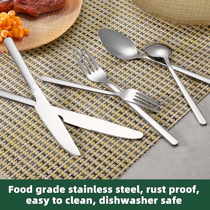 24 Pcs Silverware Set with Steak Knives, Stainless Steel Flatware Set for 4, Food-Grade Cutlery Set, Mirror Polished Tableware Eating Utensils Set for Kitchen, Knife Fork Spoon Set, Dishwasher Safe
