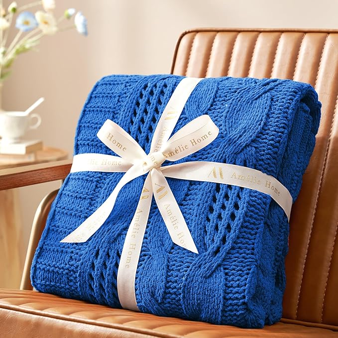 Amélie Home Chunky Knit Throw Blanket, Dual-Sided Soft Chenille Breathable Cable Knitted Blanket for Couch, Farmhouse Decorative Throw for Sofa & Chair, 50"x60", Blue
