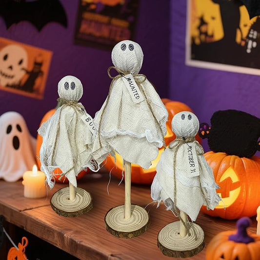 Halloween Ghost Decor - 3PCS Primitive Wooden Ghost Kit for Farmhouse Table Centerpieces Shelf Mantel Kitchen Decor
