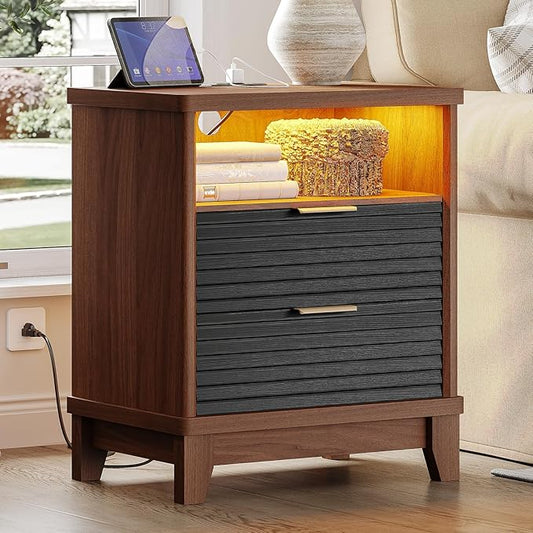 AOGLLATI Fluted Night Stand with Charging Station and 2 Drawers, Black Nightstands Beside Table with Open Storage and Led Lights,Retro End Side Table for Bedroom (1, Black)