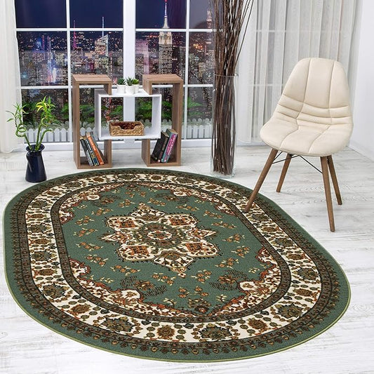 Antep Rugs Alfombras Oriental Traditional 5x7 Non-Skid (Non-Slip) Low Profile Pile Rubber Backing Indoor Area Rugs (Green, 5' x 7' Oval)