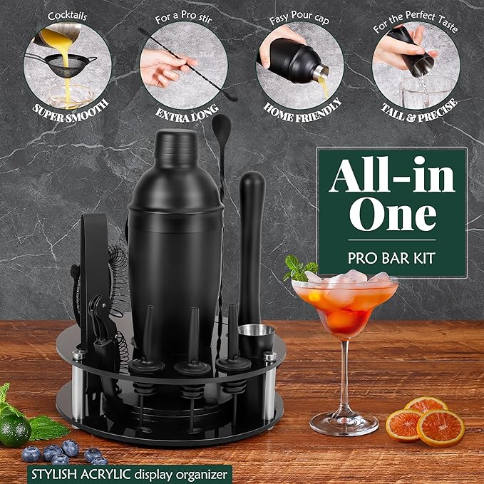 Bartender Kit,Cocktail Shaker Set 13-Piece Bar Tool Set with Acrylic Rotatable Stand for The Home,Bar（Frosted Black）