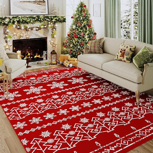 Christmas Area Rug 5x7 Red Washable Kitchen Carpet Xmas Snowflake Holiday Decor Indoor Throw Rug Decorative Living Room Non Slip Soft Low Pile Bedroom Dining Room Office Nursery Bathroom