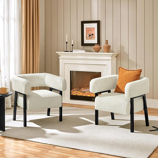 Yaheetech Corduroy Barrel Accent Chair Set of 2, Modern Upholstered Armchair with Solid Wood Legs, Cozy Leisure Chair with Pocket Coiled Seat for Living Room, Bedroom, Reading Nook Beige