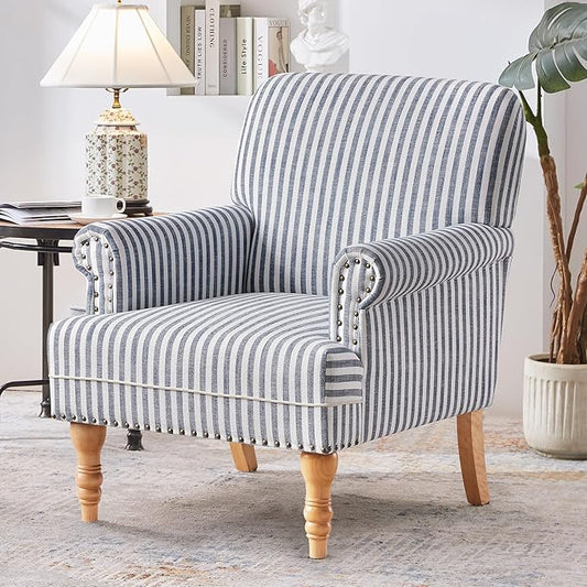 HUIMO Linen Fabric Accent Chair, Mid-Century Modern Armchair with Solid Wood Legs, Single Sofa Chair,Upholstered Reading Club Chair (1, Dark Blue and White Stripe)
