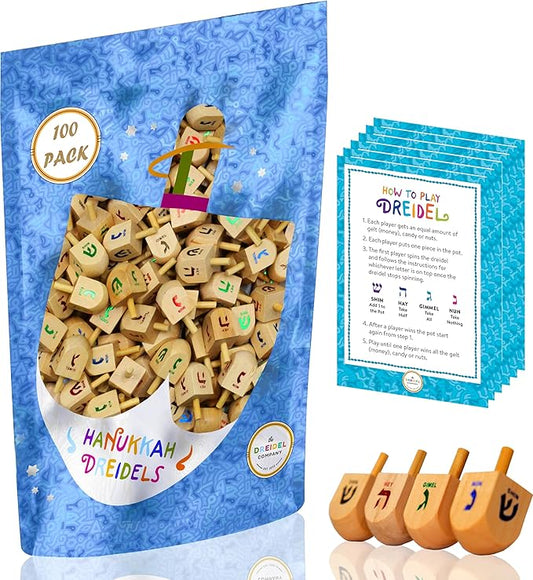 Natural Wood Dreidels Hanukkah Draydel with English Transliteration & Instruction Cards (1000-Pack)