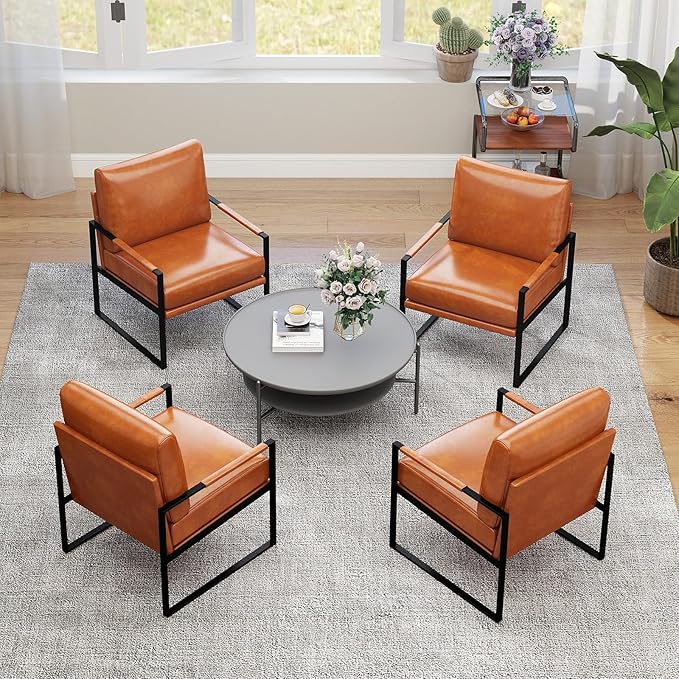 INZOY Mid Century Modern Accent Chair with Removable Cushions Set of 4, Comfy PU Leather Living Room Chairs with Thicker Backrest and Cushion, Metal Frame Design, Brown