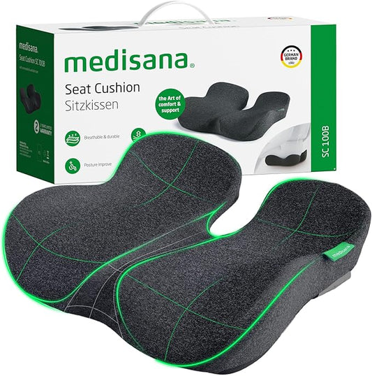 Medisana Seat Cushion, SC 100B Seat Cushions for Office Chairs, Car Seat, Wheelchair - Sciatica & Tailbone & Coccyx Pain Relief Pillow for Driver Sedentary People（Size:17 * 14.6 * 3.54 in-Black