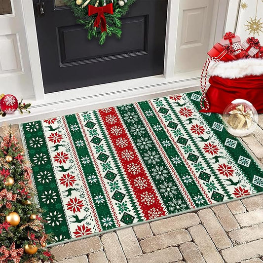 Small Entryway Area Rug 2x3 Christmas Rug Indoor Non-Slip Front Door Mat Washable Boho Rug Xmas Decorative Throw Floor Covers Farmhouse Geometric Festival Carpet for Living Room Bedroom, Green