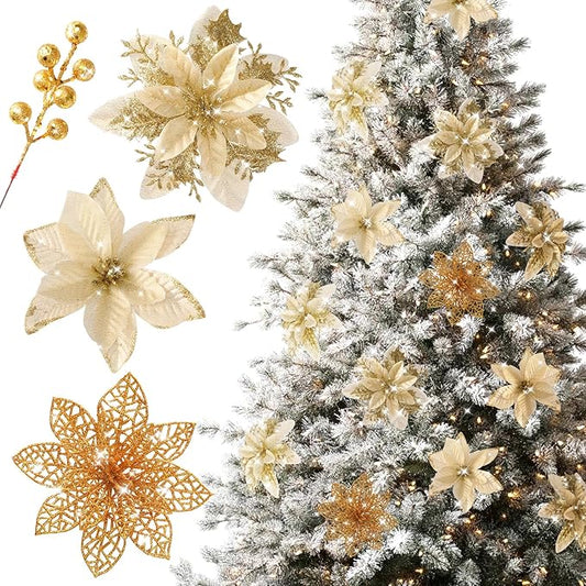 Floweroyal 30pcs Poinsettia Artificial Christmas Flowers Decorations with Clips and Berry Stems Glitter Ornaments for Christmas Tree Wreath Fireplace Stairs Decor (Gold-3 Styles)