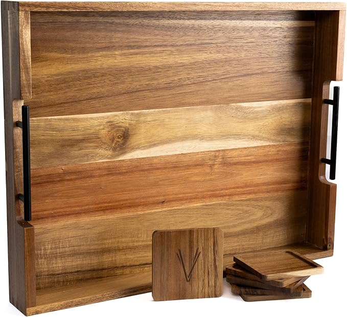 Acacia Wooden Ottoman Tray for Living Room & 6 Coasters Set – 21" Large Coffee Table Serving Tray with Handles, Perfect for Food, Drinks, Kitchen, and Home Decor