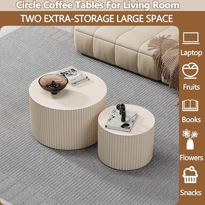 Nesting Coffee Tables Set of 2 Wooden Round Coffee Table Circle Nesting Table Space-Saving Design Modern Coffee Table Round Accent Tables Set for Living Room Bedroom Office (White B D18.9+D15)