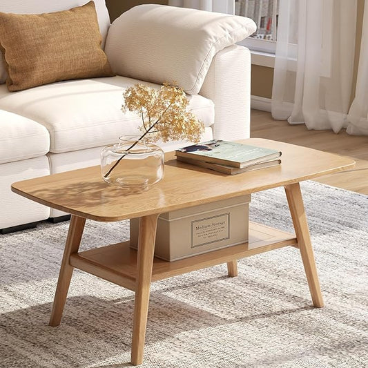 100% Solid Oak Wood Coffee Table for Living Room, 2-Tier Coffee Tables with Shelf Storage, Mid Century Modern Table with Rounded Corners (Natural Colour, 47.24" W x22.05 D x 17.32" H)