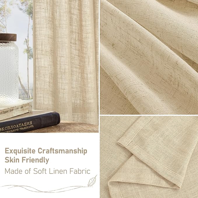 LAMIT Extra Wide Linen Curtains for Bedroom, Natural Light Filtering Faux Linen Textured Panels Semi Sheer Back Tab and Rod Pocket Boho Drapes for Living Room/Farmhouse, 2 Panels, Linen, 60 x 84 Inch