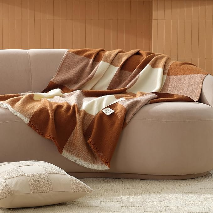 Double Stitch Alpaca Wool Throw Blanket - Warm, Soft Blanket for Couch, Luxury & Decorative Fleece Throw, Fall Plaid, Gift for Mother's Day, House Warming, 50" x 60", Harvest Brown & Cream