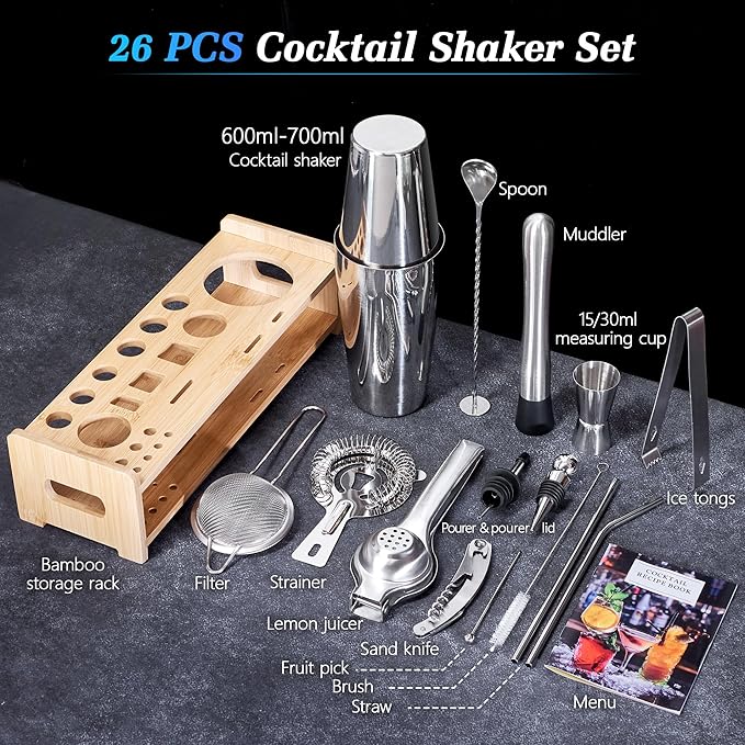 JUSTDOMI 26-Piece Stainless Steel Bar Tool Set Bartender Accessories, Cocktail Shaker Set Bartender Kit with Stand, Cocktails Kit with Muddler for Bar Accessories, Home, Party Cafe Drinks-Style 1