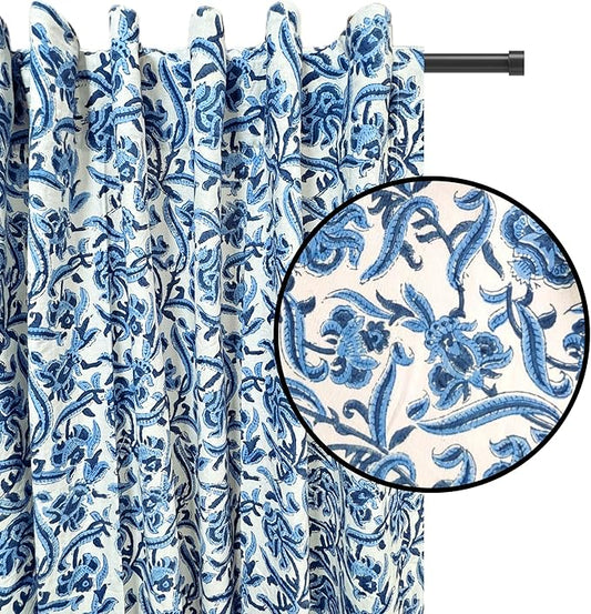 ATOSII 100% Cotton Single Panel Block Print Curtain, Easy Hanging with Rod Pocket & Loop, Living Room, Dining Room, Bedroom Light Filtering Boho Curtains, Set of 1, 60" W X 96" L, Midnight Bloom