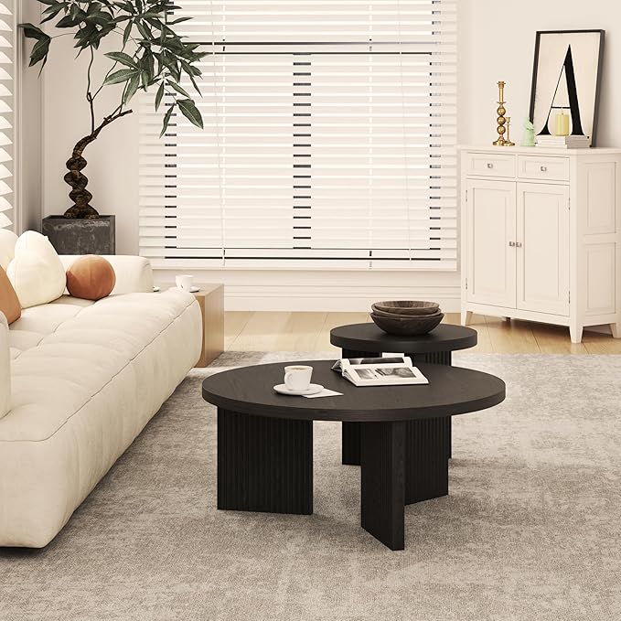 Nesting Coffee Table Set of 2, Modern Wooden Coffee Table with Smooth Thick Design, Circle Tea Table and End Table Set, Accent Center Tables for Living Room, Office, Black