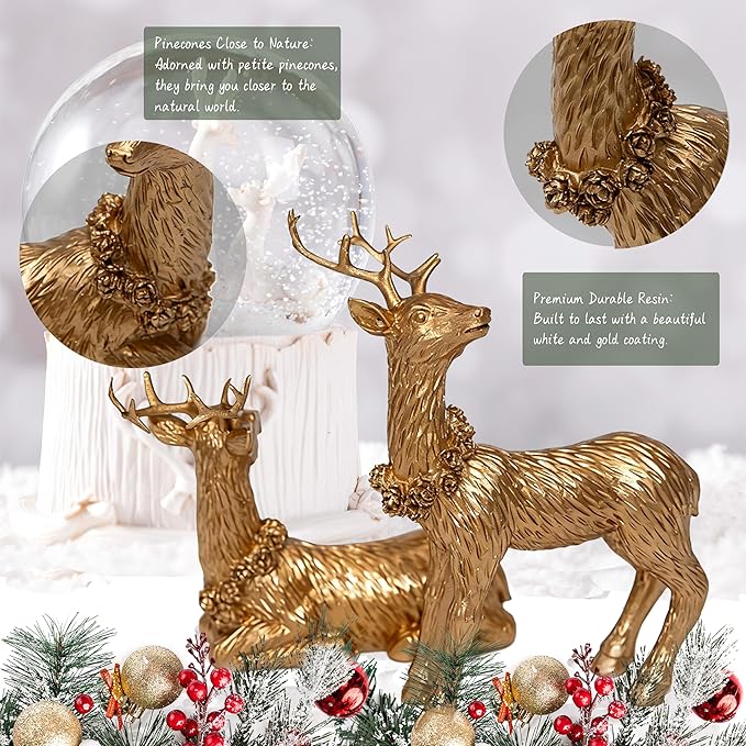 2pcs Pine Nut Reindeer Christmas Decorations, Deer Figurines Home Decor, Elk Figurine, Holiday Home Décor Accents for Xmas Office Living Room & Bedroom Decorations (Pine Nut Medium, Gold)