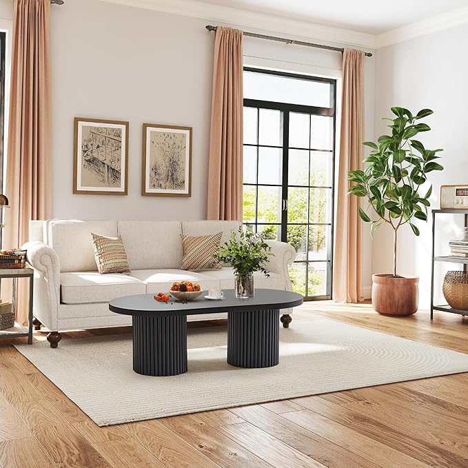 AVZEAR Oval Fluted Coffee Table for Living Room, Mid Century Modern Coffee Table with Fluted Legs, Curved Round Wooden Center Table for Home, Office, Cafe, Black (39.38" x 19.69" x 13.78")