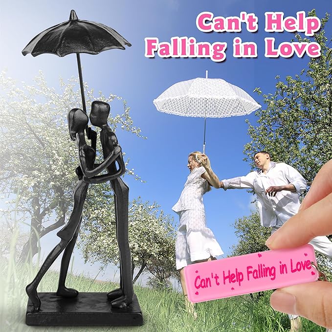 Anniversary for Couple/Her, Affectionate Couple Statue Kissing Under Umbrella, Handcrafted Cast Iron Sculpture in Love, for Wedding Gifts 6th Anniversary Birthday Gifts