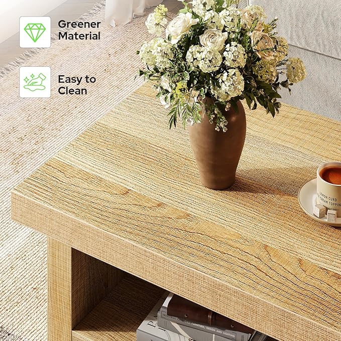 47-Inch Rectangle Coffee Table, Wood Rectangular Center Tables, Farmhouse Low Cocktail Tea Table for Living Room, Thick Base/Easy Assembly, Natural