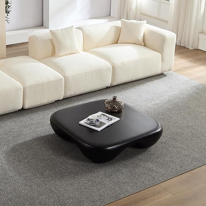 40" Cloud Modern Coffee Table with Curved Design, Fiberglass Minimalist Center Table, Contemporary Stone Accent Table for Living Room, Apartment, No Need Assembly