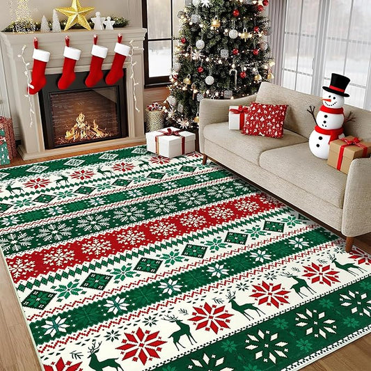 5x7 Christmas Area Rug Living Room Bedroom Large Xmas Decor Area Rugs Indoor Washable Non-Slip Throw Floor Covers Boho Accent Rug Farmhouse Rug Festival Xmas Carpet for Dining Room Nursery, Green