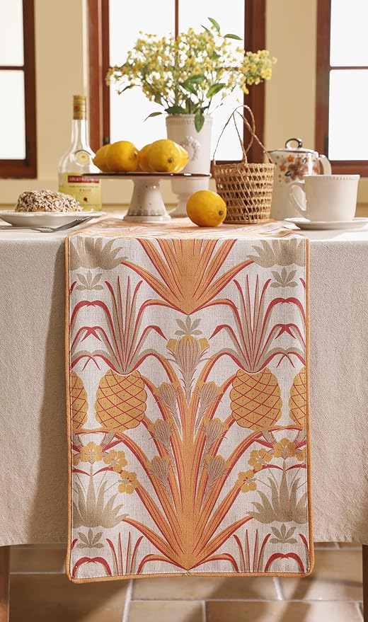 patdrea Designer Tropical Linen Table Runner 87 Inch Long, Yellow Vintage Elegant with Pineapple Pattern Table Mat,Decoration for Kitchen Dining Coffee Table Cover Banquet Christmas , 12"*87"