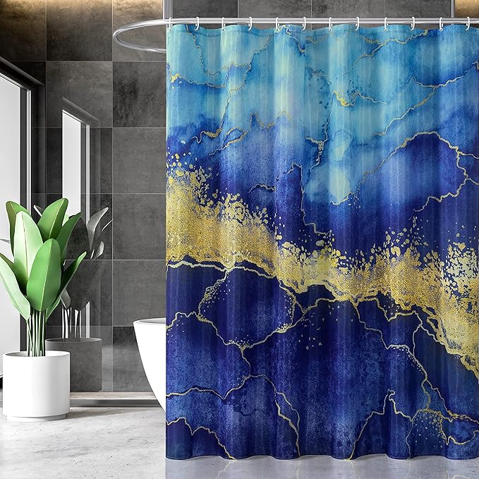 Marble Shower Curtain, Blue Marble Shower Curtain Set with 12 Hooks, Abstract Luxury Blue Marble with Gold Veins Texture Shower Curtains for Bathroom, Waterproof Fabric, 72" W X 72" L