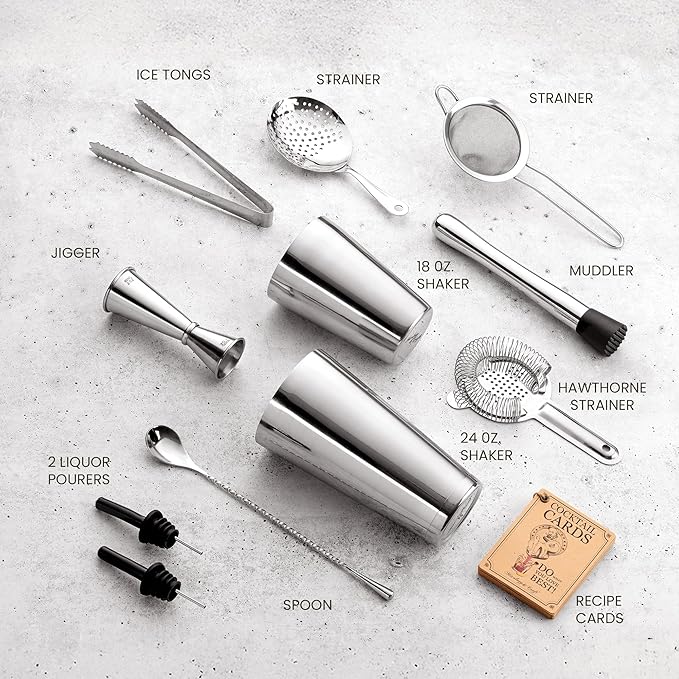 Mixology & Craft Cocktail Shaker Set - 11-Piece Bar Accessories Kit w/Weighted Boston Shaker, Strainer, Jigger, Muddler and More - Home Bartending Tools, Accessories for Bartender, Silver﻿