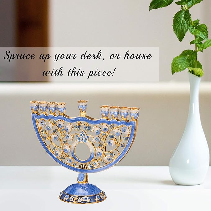 Matashi Hand Painted Blue Enamel Pomegranate Design Menorah Candelabra Embellished with Gold Accents and Crystals Jewish Candle Holder Hanukkah Gift Housewarming Showpiece for Living Room