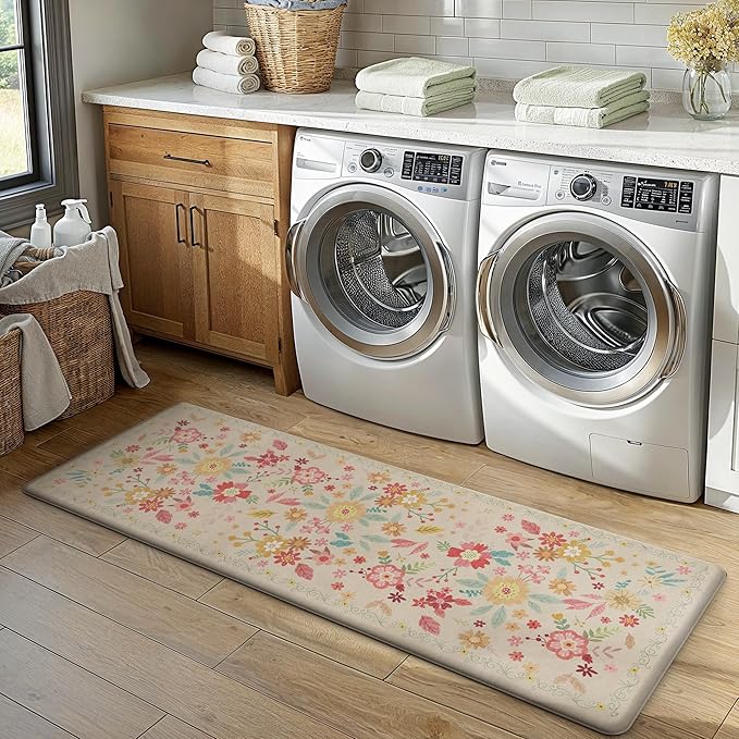 GENIMO Kitchen Mats for Floor 2PCS, Cushioned Kitchen Rugs Non Slip Washable, Farmhouse Anti Fatigue Mat Waterproof, Comfort Standing Mat Rug for Office, Home, Laundry, 17.3"x59"+17.3"x30", Beige