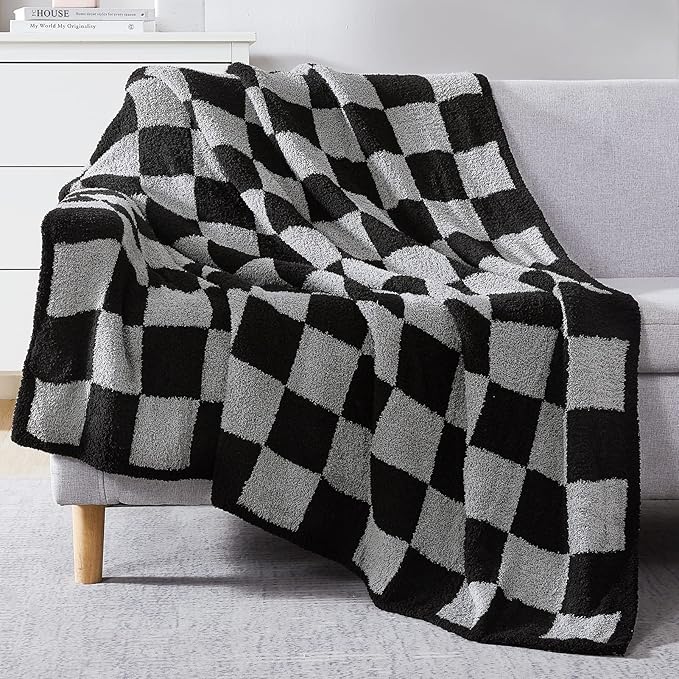 WRENSONGE Checkered Throw Blanket, Black Grey Checkered Soft Cozy Fluffy Warm Hand Made Weave Throw Blankets for Couch, Sofa, Chair, Bed, Picnic,Travel Lightweight Bed Blanket - 60 * 80