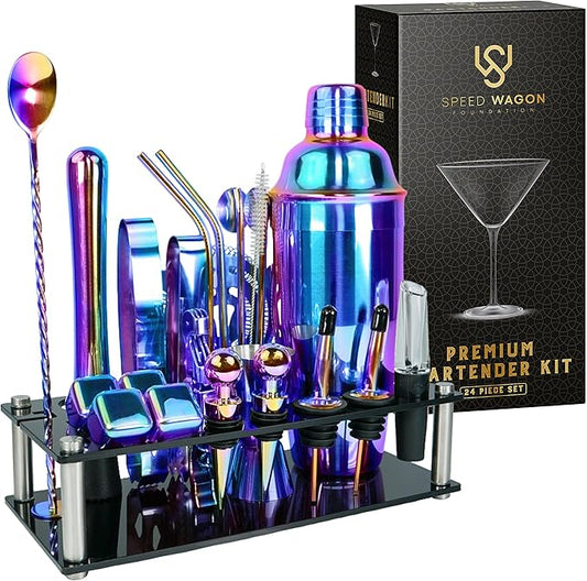 Mixology Bartender Kit – 24 Piece Rainbow Cocktail Shaker Set w/Stand – Essential Home Bar Accessories Martini Shaker, Jigger, Muddler, Chilling Cubes & More