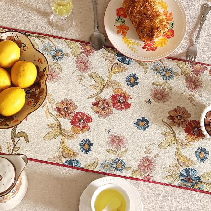patdrea Designer Farmhouse Linen Thick Table Runner, Rustic Cottage Beige with Floral Pattern Fabric Table Mat, Decoration for Kitchen Dining Coffee Table Banquet Christmas , 12"*102"