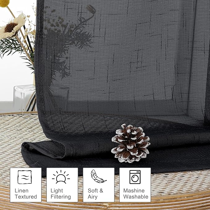 Aiyufeng Kirei Black Sheer Curtains 96 Inches Long 2 Panels, Faux Linen Slub Textured Light Filtering Soft Airy Rod Pocket Curtain Drapes for Farmhouse Living Room Bedroom, Each 40Wx96L Inch