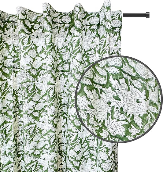ATOSII 100% Cotton Single Panel Floral Block Print Curtain, Easy Hanging with Rod Pocket & Loop, Living Room, Dining Room, Bedroom Light Filtering Boho Curtains, Set of 1, 60" W X 84" L, Meraki Green
