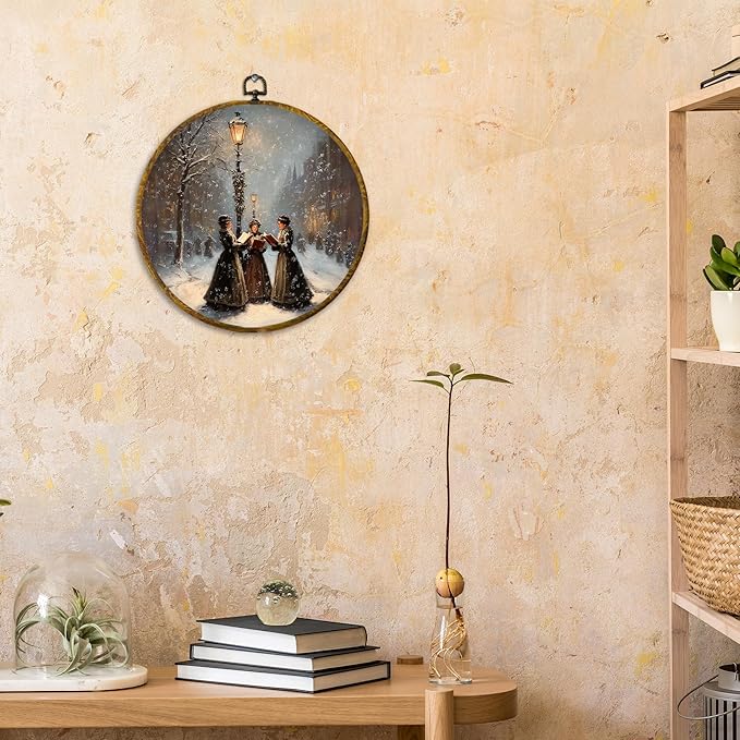 CUANFDDSF Christmas Women Reading Book Round Wall Art, Vintage Christmas Street Scene Framed Hanging Wall Decor, Xmas Bookish Canvas Prints Decorations for Library Reading Room Bedroom, 10x10 Inch