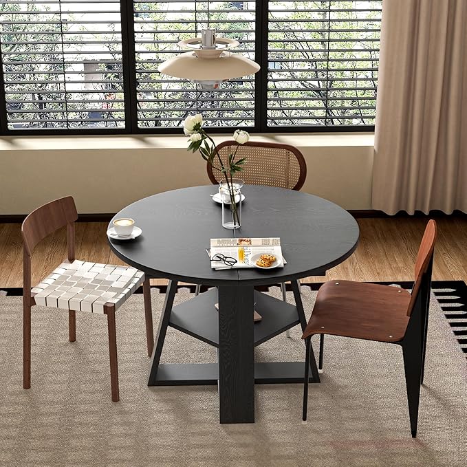 43.3in-59in Extendable Round Dining Table for 4-8,Modern Kitchen Oval Dining Table with Removable Leaves Space Saving,Wood Base with Storage Shelf for Kitchen Living Room (Black)