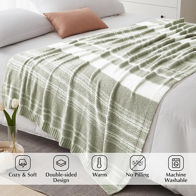 WRENGONGE Sage Green Throw Blanket, 60x80 Soft Cozy Striped Throw Blankets for Couch, Sofa, Bed, Travel, Lightweight Fluffy Warm Plush Decorative Blankets for Women, Men,Kids