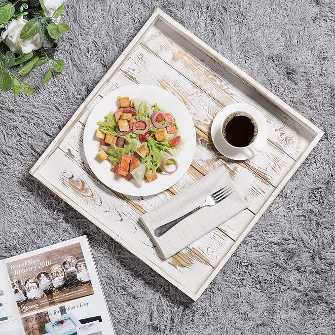 MyGift Whitewashed Wood Large Serving Tray with Handles, 19 Inch Square Decorative Tray for Ottoman, Breakfast, Tea, Coffee Table