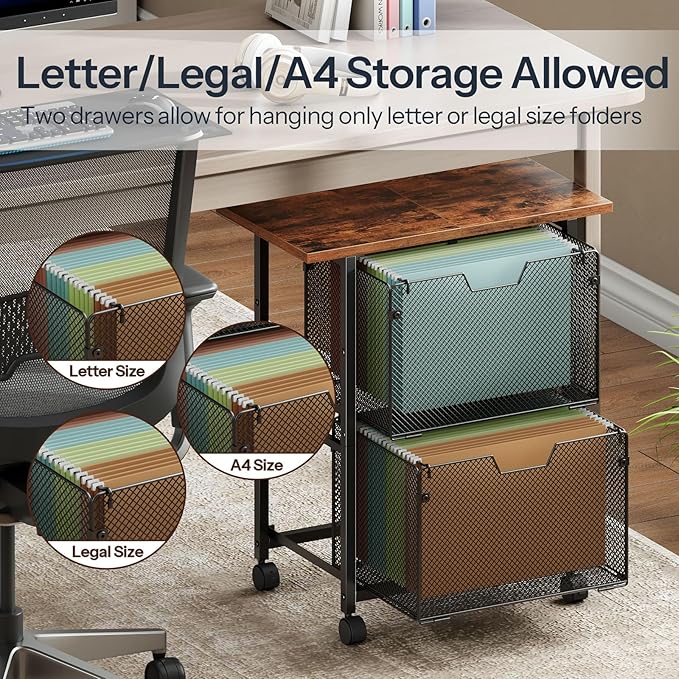 HOOBRO Rolling File Cart, 2 Drawer File Cabinet with 24'' Extended Desktop, Under Desk Mobile Small Filing Cabinet Storage Cart, Printer Stand Utility Cart, for Home Office, Rustic Brown BF41WJ01