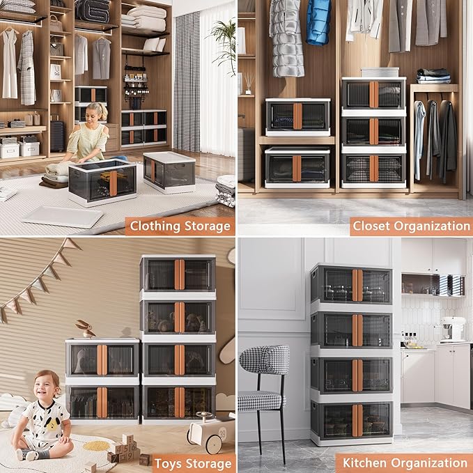 19Gal Collapsible Storage Bins with Lids & Wheels - 1 Pack Stackable with Doors, Heavy-Duty Plastic Containers for Home/Office, White